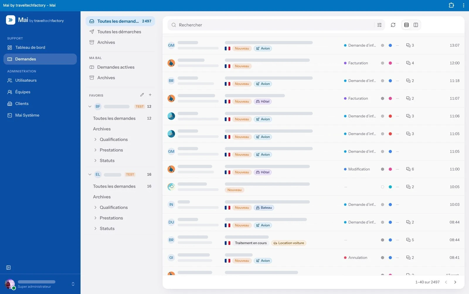 Tableau de bord M’aï : suivi et qualification des demandes de voyage, données clients masquées